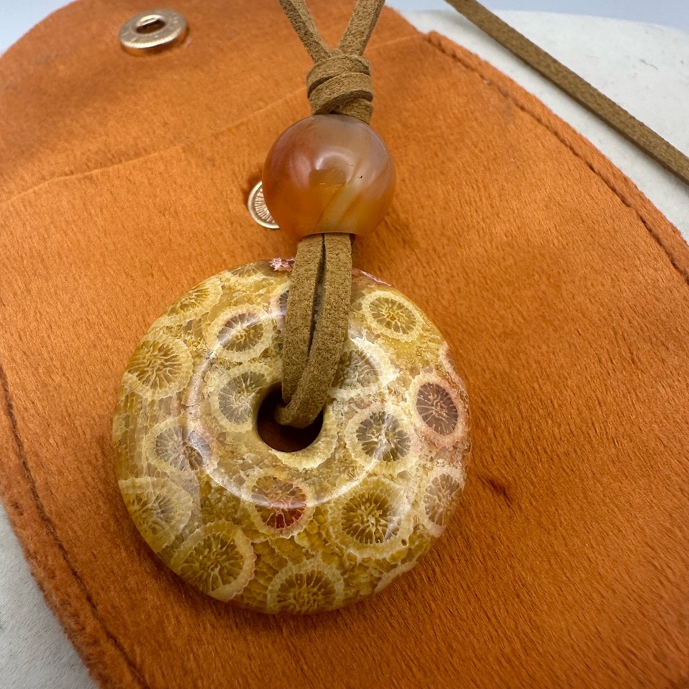 Brown and Tan Coral Fossil Donut Pendant Necklace on Brown Faux Suede - Picture 13 of 13